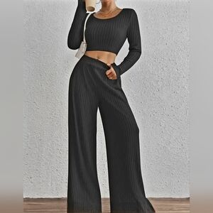 Ribbed Wide-Leg Knit Pantsuit - Black